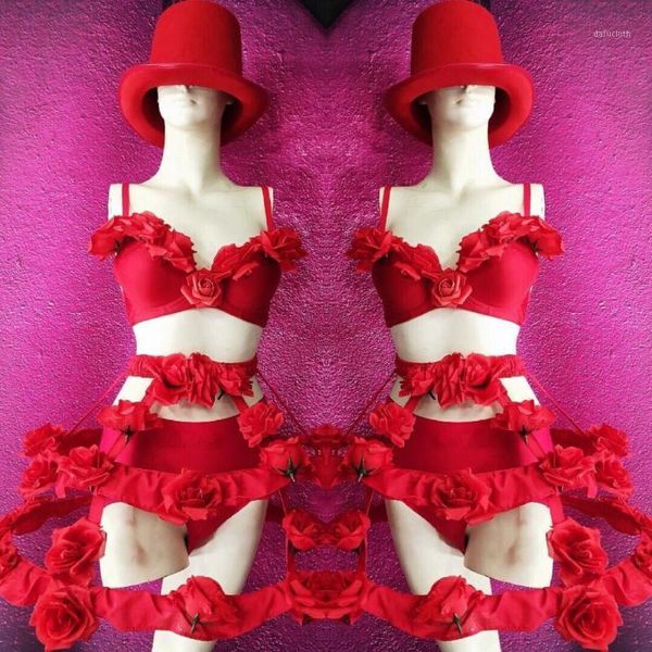 

red white rose stage flower love costume women stage performance dj ds show singer costumes party wear1, Black;red