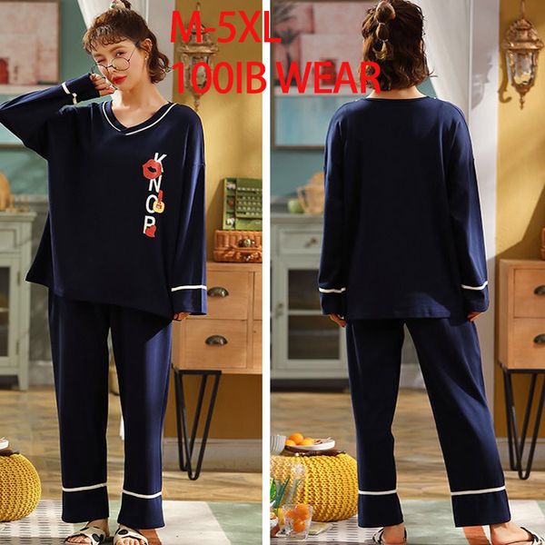 

5xl loose casual 100% cotton pajamas winter sleepwear pullover home clothes large size girls pyjamas pocket female pajama set 201102, Black;red