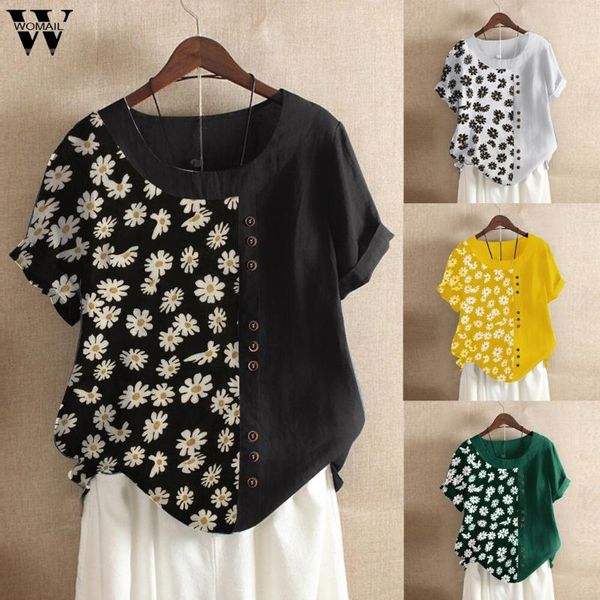 

womail blouse women summer short sleeve casual loose button linen boho floral print tanic work shirt elegant blouse plus size, White