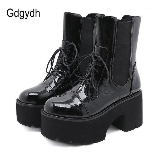 

gdgydh spring autumn women patent leather lace up ankle boots high heels elastic band chunky platform heel ladies party shoes1, Black
