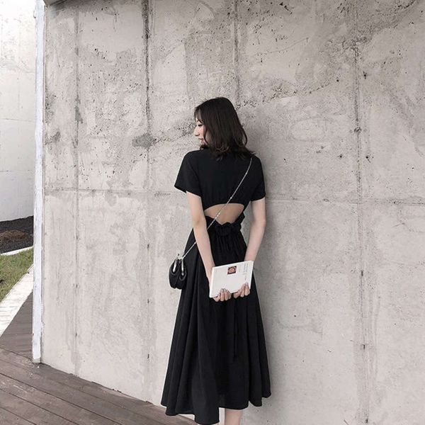 

platycodon very fairy french skirt minority languid chic summer open back chiffon dress 2019 new style, Black;gray