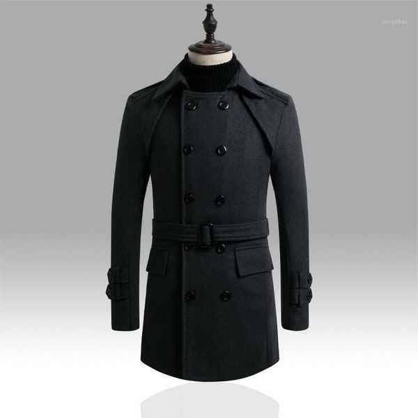 

long section two row buckle man wool windbreaker leisure time self-cultivation man wool overcoat loose coat male1, Tan;black