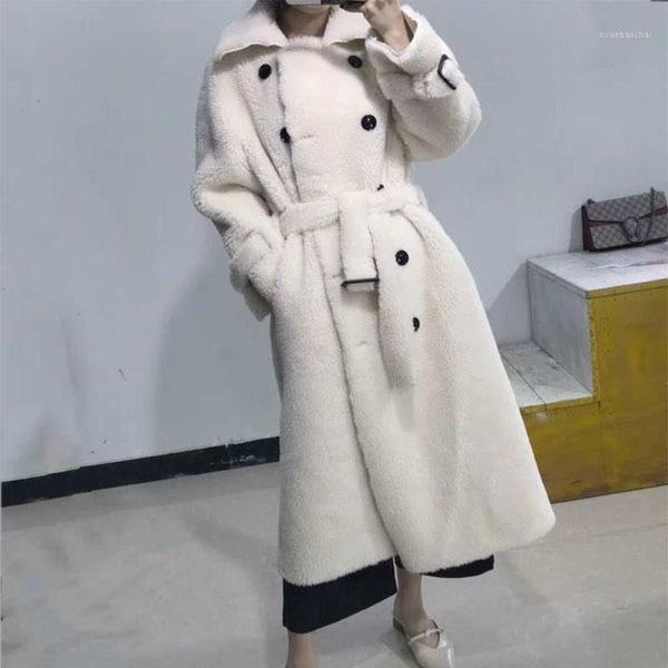 

2019 bffur long woolen jacket with belt real fur coat turn down collar women's coats natural sheepskin female winter outfit1, Black