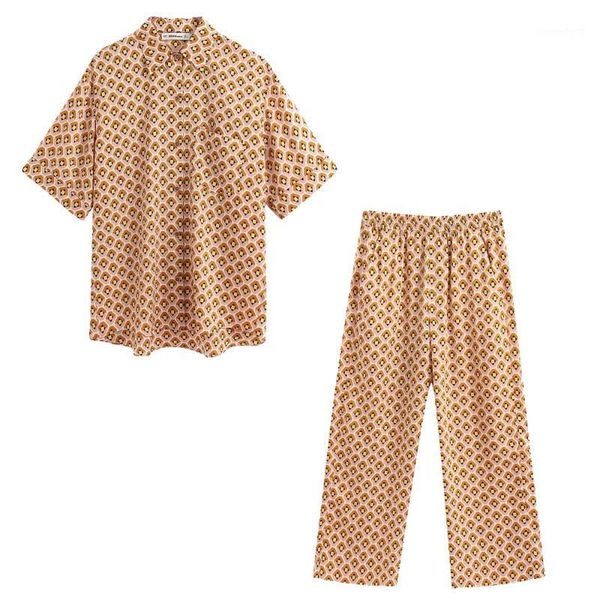 

2020 new summer suits women two piece set geometric printed blouse&pants high waist elastic female woman clothes1, White
