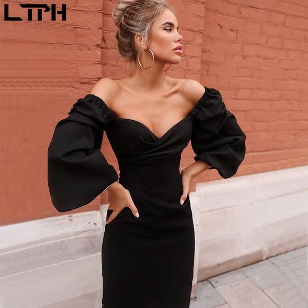 

2020 autumn and winter new women dress tube low collar puff sleeves solid color long fashion pencil dresses, Black;gray
