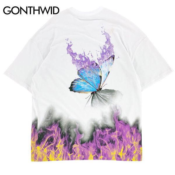 GONTHWID Hip Hop Feu Flamme Papillon Imprimer Streetwear T-shirts Chemises Harajuku Hipster Casual Punk Rock T-shirts À Manches Courtes Tops LJ200827