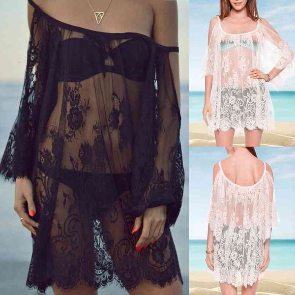 

s-xxl womens lace dress women see through swimwear cover up party club summer bodycon beach lace dress beachwear, White;black