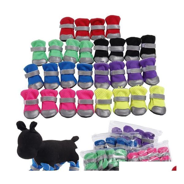 

4pcs/set ventilate pet dog shoes soft boots with safe reflective stripe soft shoe sole comfortable dog apparel for teddy bichon pet hsf8q