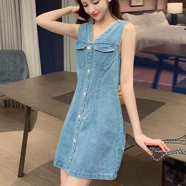 

zoki elegant v neck women denim dress vintage sleeveless korean summer jeans dress a line high waist breasted button mini1, Black;gray