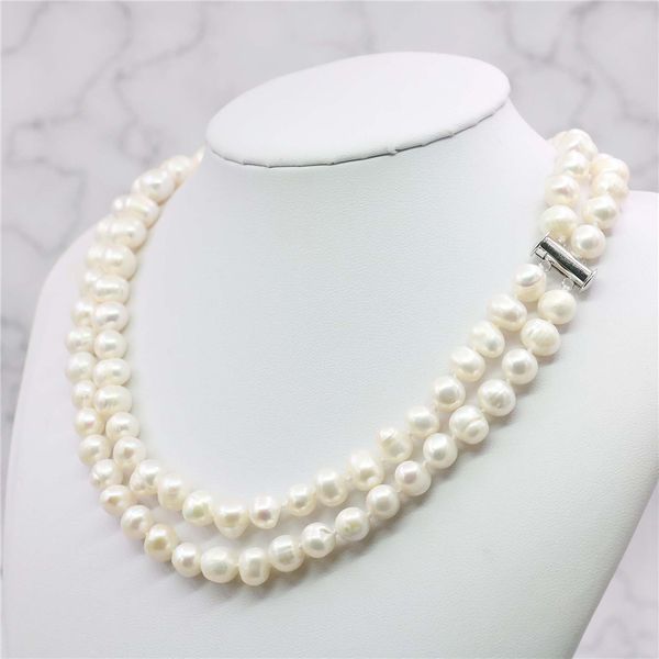 

2 rows 8-9mm white akoya saltwater pearl necklace 17-18inch beads hand made jewelry making natural stone wholesale price t200113, Silver