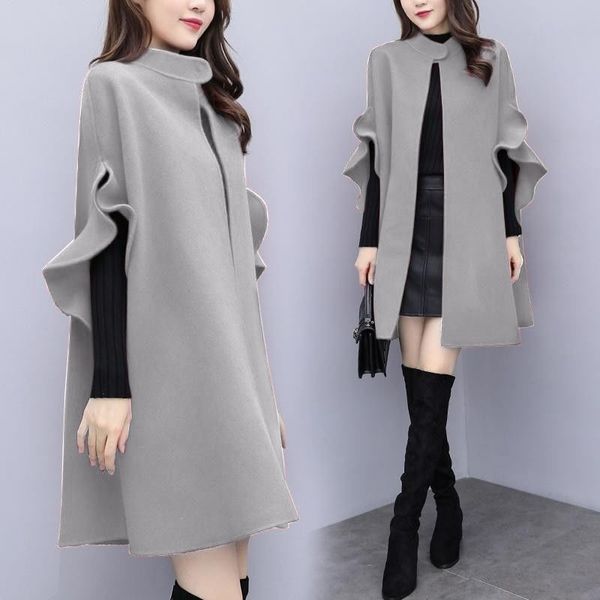 

new autumn woolen waistcoat with cape jacket coat women winter plus size m-5xl black cloak ladies wool overcoat female 201030