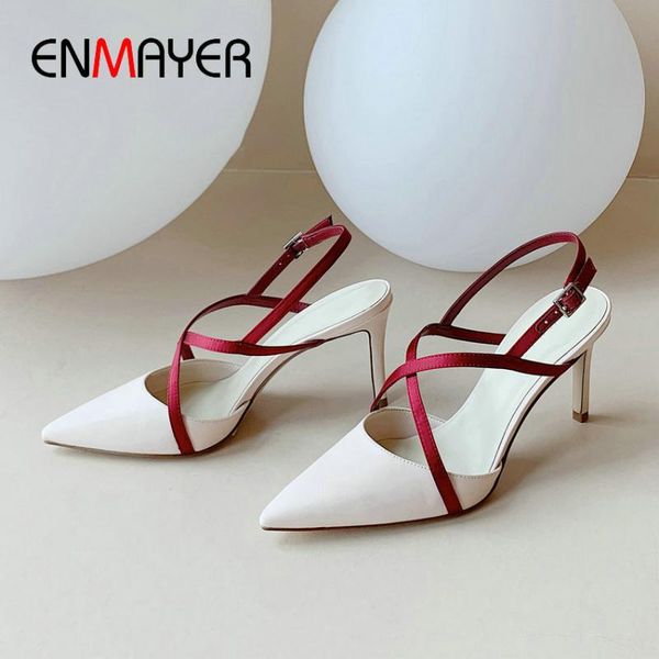 

enmayer genuine leather women high heels slingbacks thin heels pointed toe wedding women shoes buckle strap mature pumps, Black