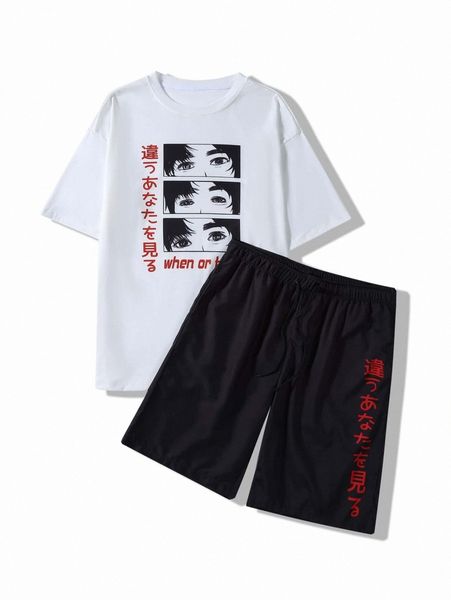 

men japanese letter and figure graphic tee & drawstring waist shorts i1s8#, Gray