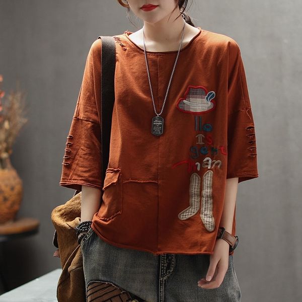 

qpfjqd retro women cartoon letters embroidery tees summer round o neck hole ladies t-shirt loose stitching female tshirt t200516, White