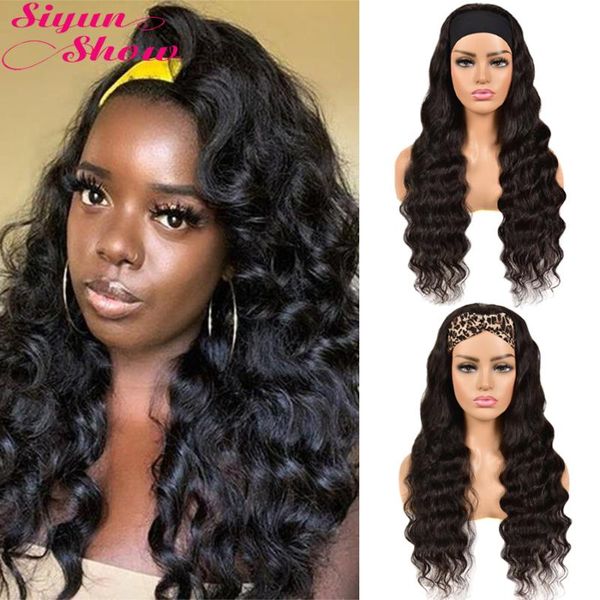 

siyun show 10a remy headband wig human hair scarf wig brazilian loose deep wave glueless human hair wigs for black women, Black;brown