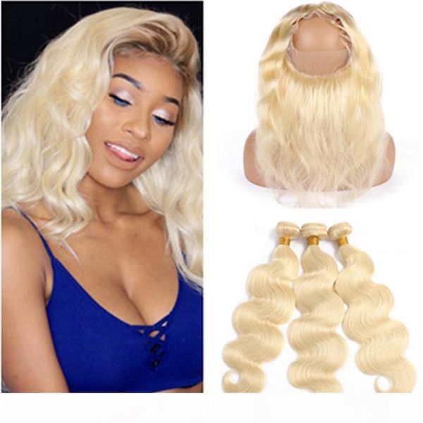 

blonde human hair 3bundles with 360 frontal closure #613 body wave russian blonde human hair extensions with 360 lace frontal 22.5x4x2, Black;brown