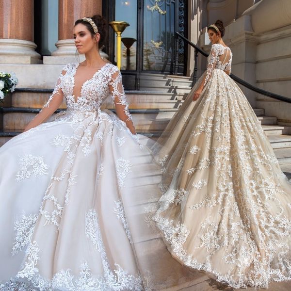 

2021 new dress sleeve princess button court train apply illusion tulle gowns wedding gown ss61, White