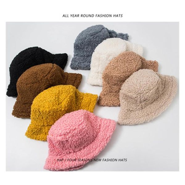 

winter bucket hat women hat solid color faux lambswool soft warm fishing cap sun bucket breathable sun protection women, Blue;gray