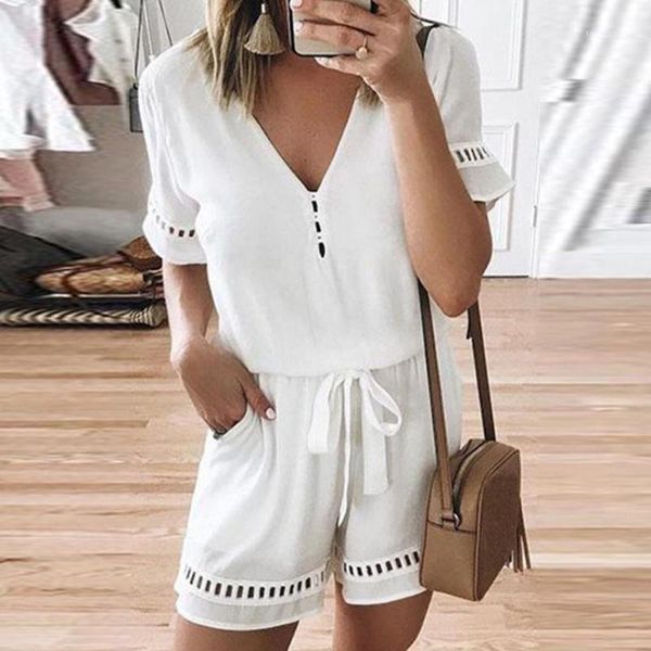 

4xl women rompers solid white jumpsuit summer short sleeve overalls v neck jumpsuits casual drawstring playsuit1, Black;white
