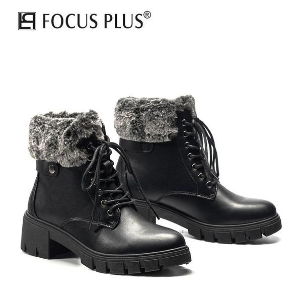 

focusplus solid color mid-heel leather plush women's martin boots for winter european style fashionable comfortable xhds168-6, Black