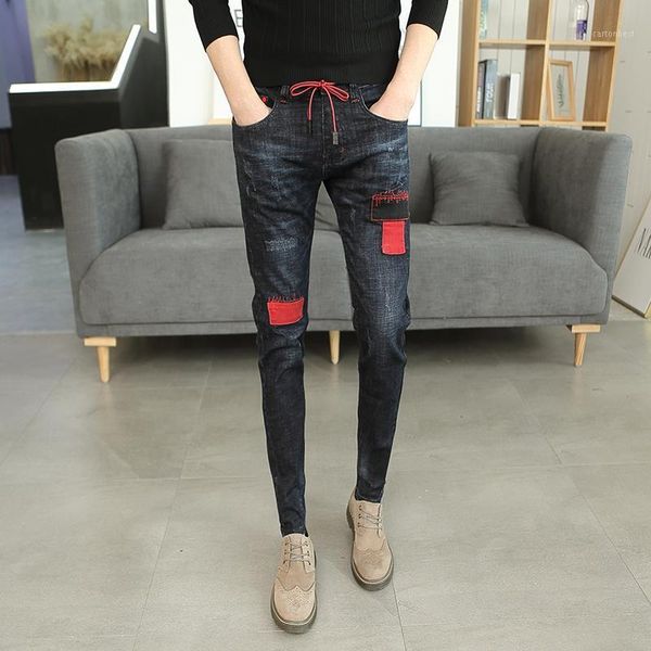 

men's jeans autumn tight men slim fashion washed retro patch denim pants man streetwear hip hop cowboy trousers male clothes1, Blue