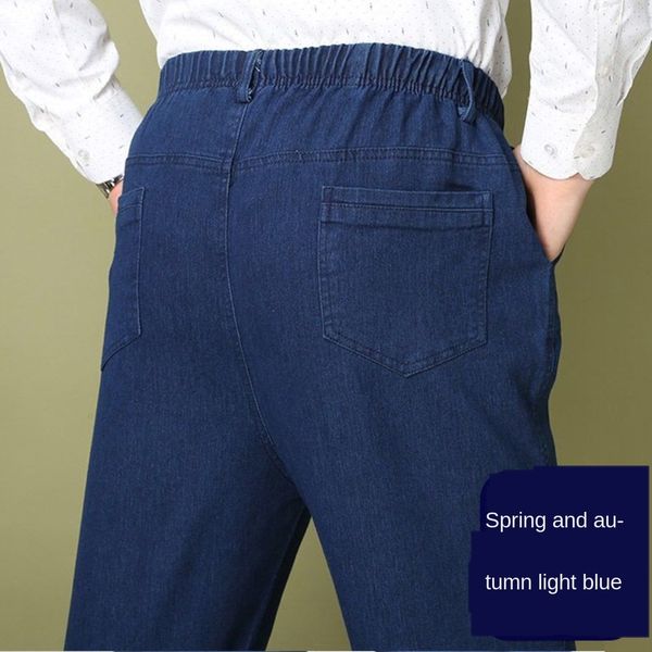 

эластичный пояс для мужчин в осени зима мужских высокой талии прямой трубка случайных брюки джинсах и джинсах потерять упругую глубокие пром, Blue