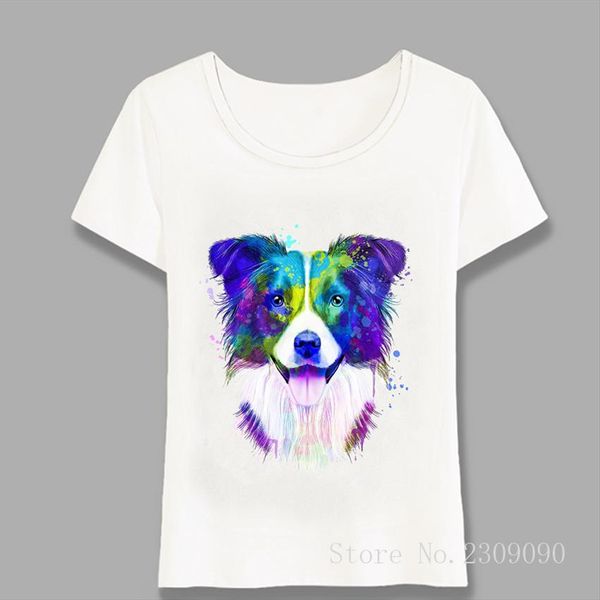 

cool border collie art watercolor print t shirt fashion women t shirt cute girl casual dog lovers simple tees harajuku, White