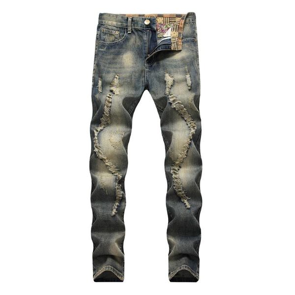 

men's jeans 2c style foreign trade retro slim straight tube personalized broken hole, Blue
