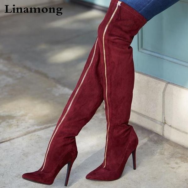 

boots brand women burgundy red wine suede pointed toe gold zip front over the knee slim thigh plus size 43, Black