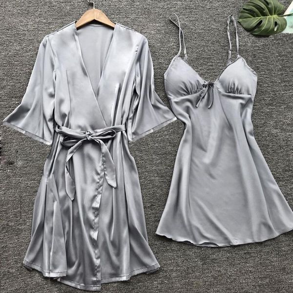 

women stain lace silk lingerie nightdress robe bathrobe sleepwear new fashion polyester seamless comfortable robes nightgown set, Black;red
