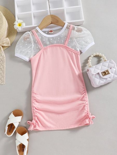 

toddler girls contrast mesh ruched side dress she, Red;yellow