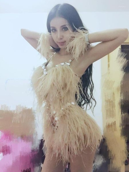 

chinese ancient costume dj female stage costumes for singers ostrich rhinestone bodysuit feather costume dance dress women show1, Black;red