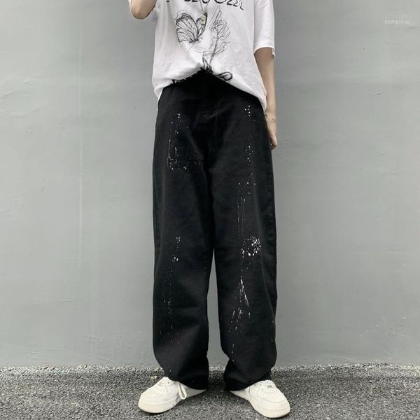 

autumn korean jeans men's fashion retro splash ink straight jeans pants men streetwear wild loose hip-hop denim trousers mens1, Blue