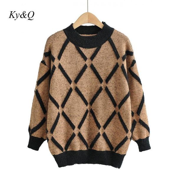 

new runway 2021 winter fashion feminine plaid embroidered oversize long sleeve loose large size knitted sweater clothes gun1, White;black