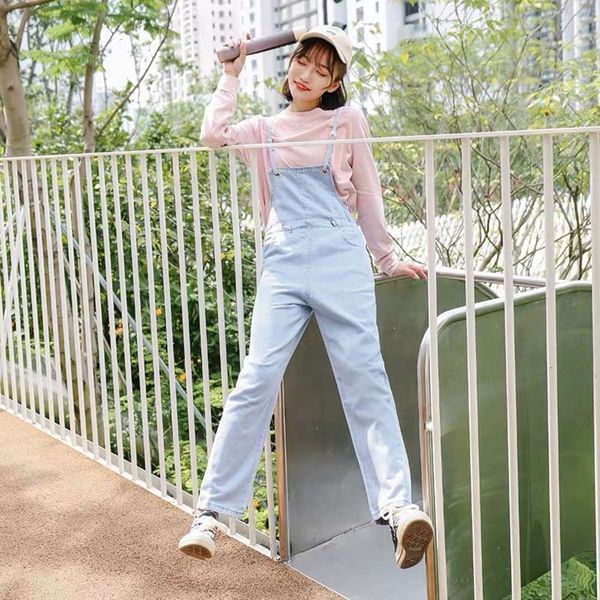 

autumn 2020 new high waist thin straight tube korean loose denim suspenders women's, Blue