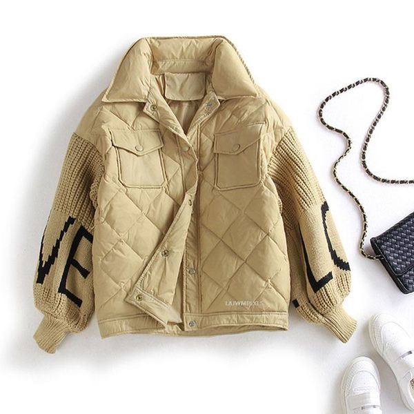 

2020 new winter down coat women korean letter knitted lantern sleeve patchwork women's down jacket casual female loose outwear, Black