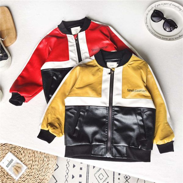 

2020 clothing boys' autumn new and winter korean handsome locomotive leather children's foreign sle coat contrast color et, Black