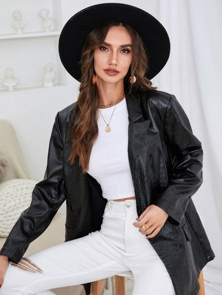 

crocodile embossed lapel neck pu blazer 62jb#, White;black