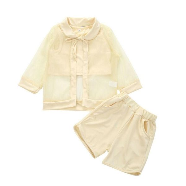 

2020 baby summer clothing 3pcs toddler baby girl crop vest+mesh coat+short pants sun protect sportwear solid outfit set 2-7y, White