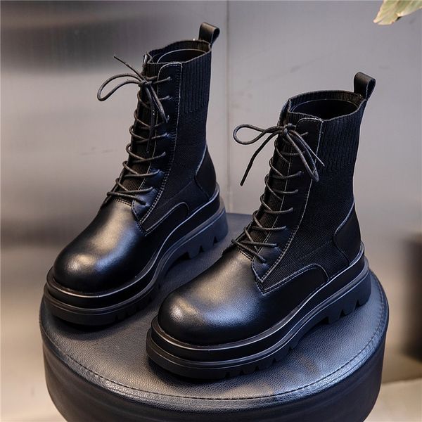 

rasmeup genuine leather platform boots new autumn women light comfortable chunky boots fashion lace up lady shoes footwear lj201130, Black
