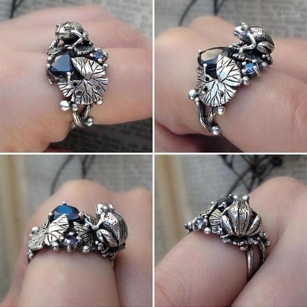 

vintage silver color lotus leaf frog ring for women creative unique finger ring inlaid blue zircon jewelry bague femme size 6-101, Golden;silver