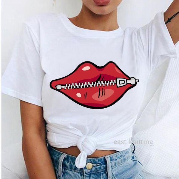 

cool streetwear female black t-shirt red lips with zipper print harajuku women summer casual t shirt femme, White