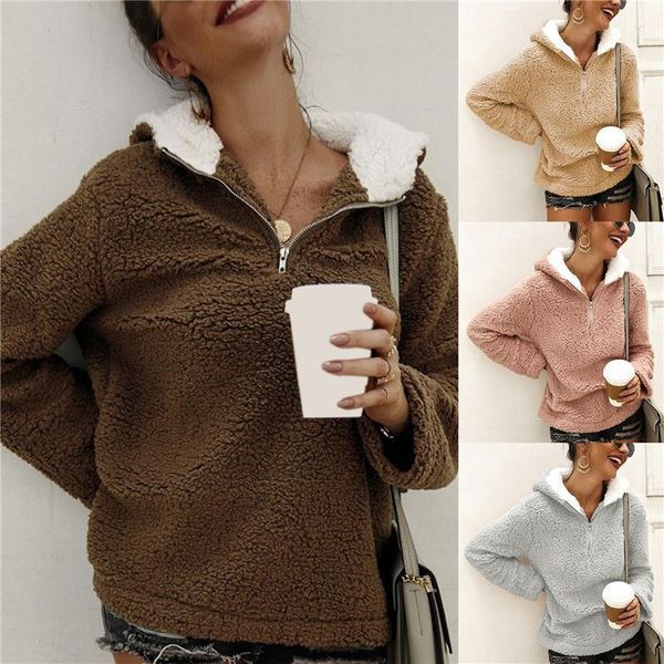 

sweatshirts women's stand solid zipped hooded cap autumn long sleeve full pure color plush sweatshirt sudadera s-xxl1, Black