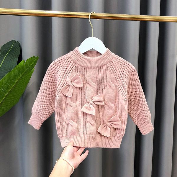 

pullover toddler girls sweaters 2021 autumn winter kids korean sweater cute bowknot plus velvet warm knit for girl, Blue