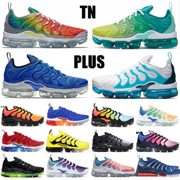 

2021 rainbow tn plus triple black wolf grey mens womens running shoes new bumblebe men shoes shark tooth sport sneakers, White;red