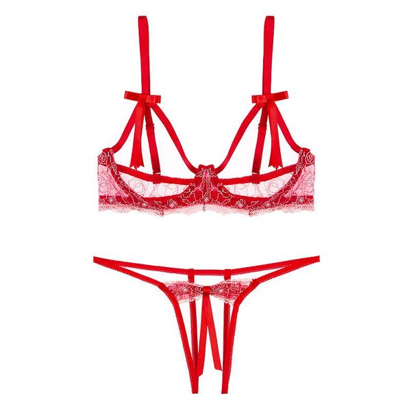 

bras lingerie embroidered hollow steel ring bra open file panties three-point suit, Red;black