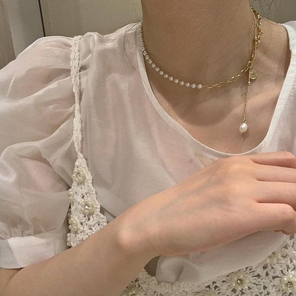 

korea 2021 autumn new retro natural pearl metal stitching necklace for women female aesthetic elegance wedding jewelry gifts, Silver