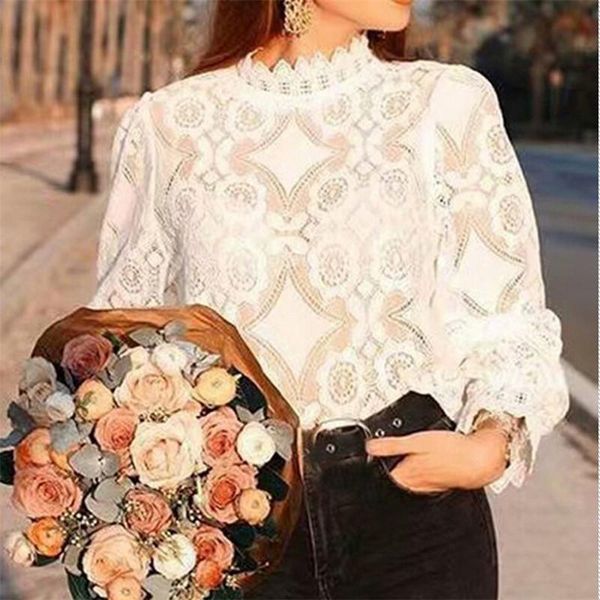 

women's blouses & shirts fashion women summer lace long sleeve blouse elegant embroidery and office hollow female chemise clothing, White