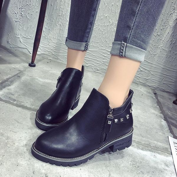 

короткие 2020 ботильоны женщины низкие каблуки zipper rivet solid кожа мартин сапоги женская обувь женщина теплый плюшевые осень зима, Black