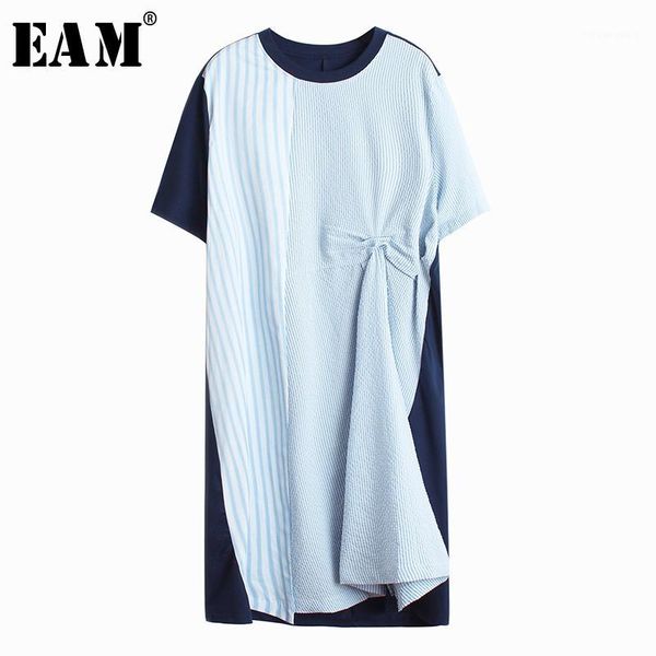 

eam] women striped pleated irregular big size dress new round neck short sleeve loose fit fashion tide spring summer 2020 1w3541, Black;gray
